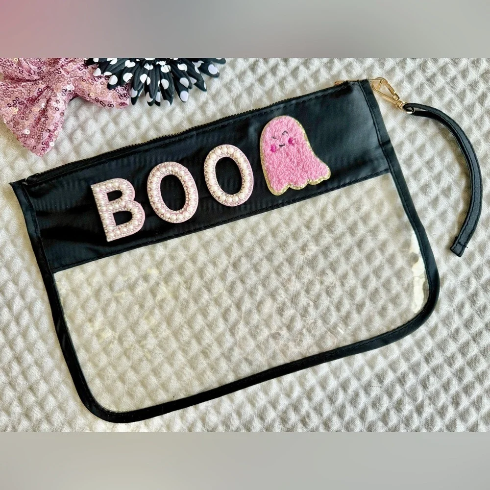New Halloween Boo Pink Ghost Black & Clear Zippered Makeup Wristlet Bag - 11.5”
